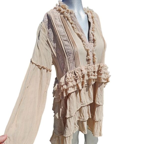 Summer of Love Beige Tiered Long Sleeve Bohemian  Neutral Mini Dress - Picture 13 of 13